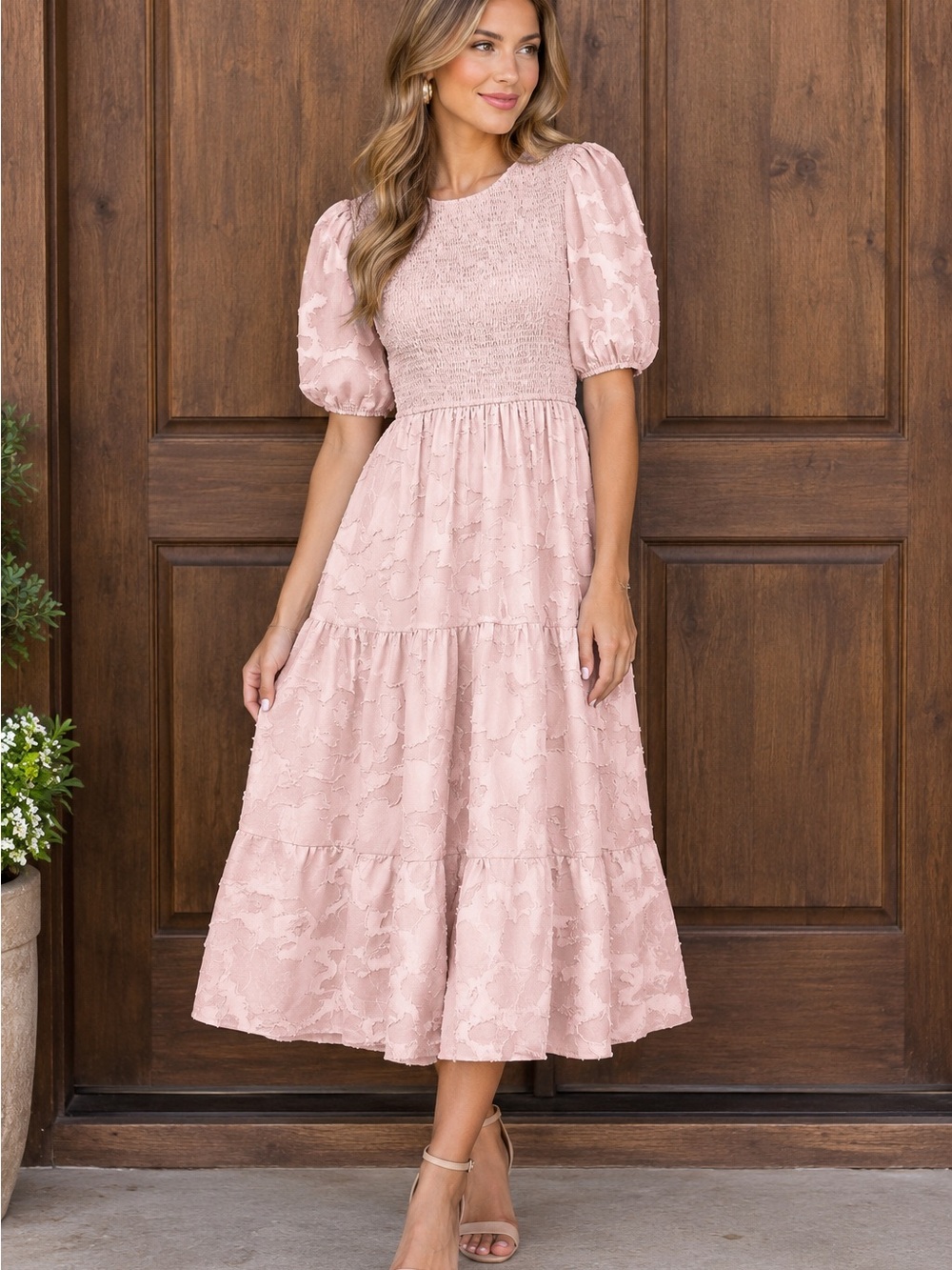 Puff-Sleeve Smocked Midi Dress in Blush -